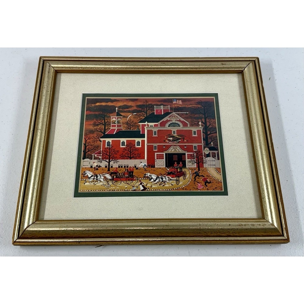 Vintage Charles Wysocki Fire! Collector Framed Print Fire House 11"X9"